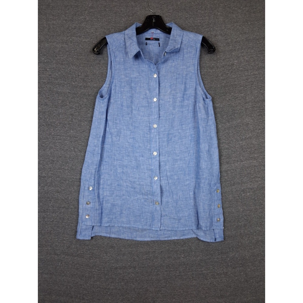 Tahari Womens Shirt Small Blue 100% Linen Button Up Coastal Lightweight Resort